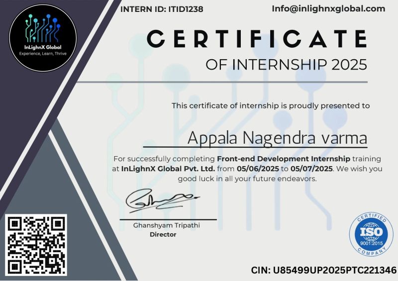 Frontend Development Internship certificate