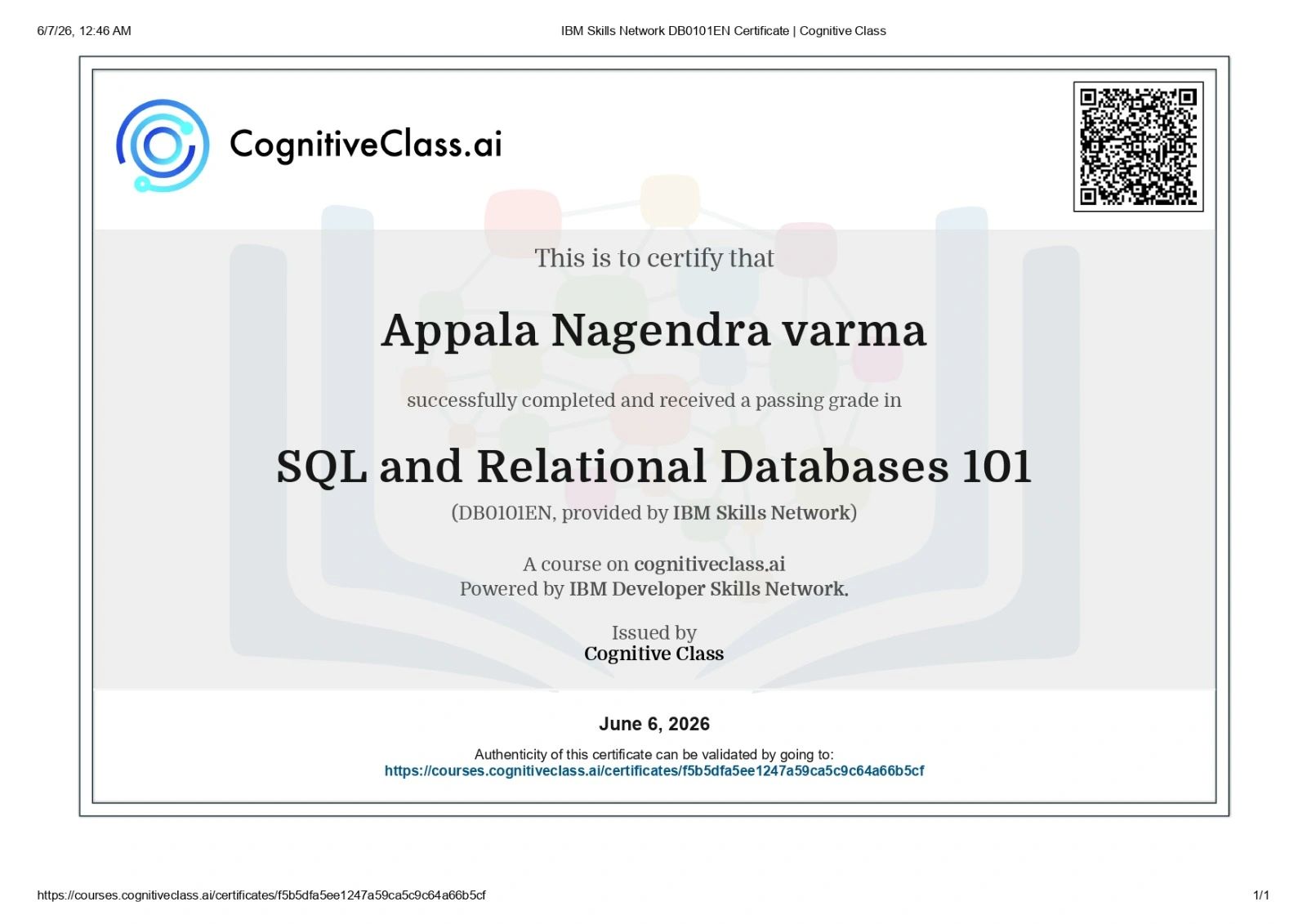 Sql And Relational Databases 101 certificate