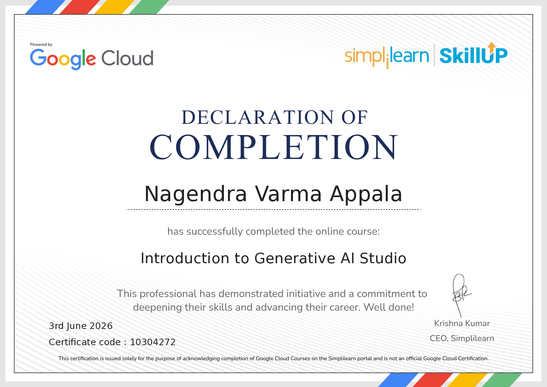 Introduction To Generative Ai Studio certificate