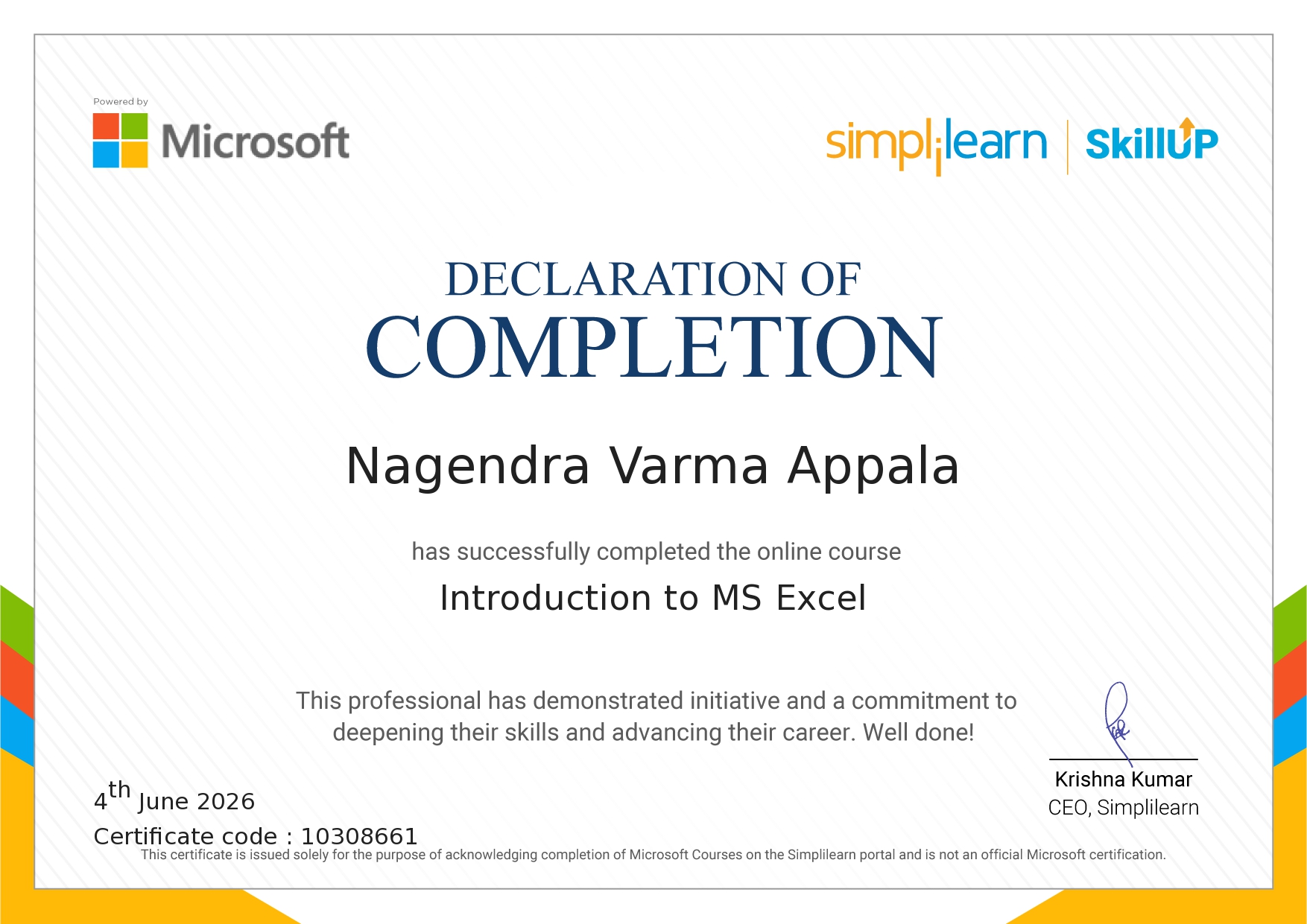 Introduction To Ms Excel certificate